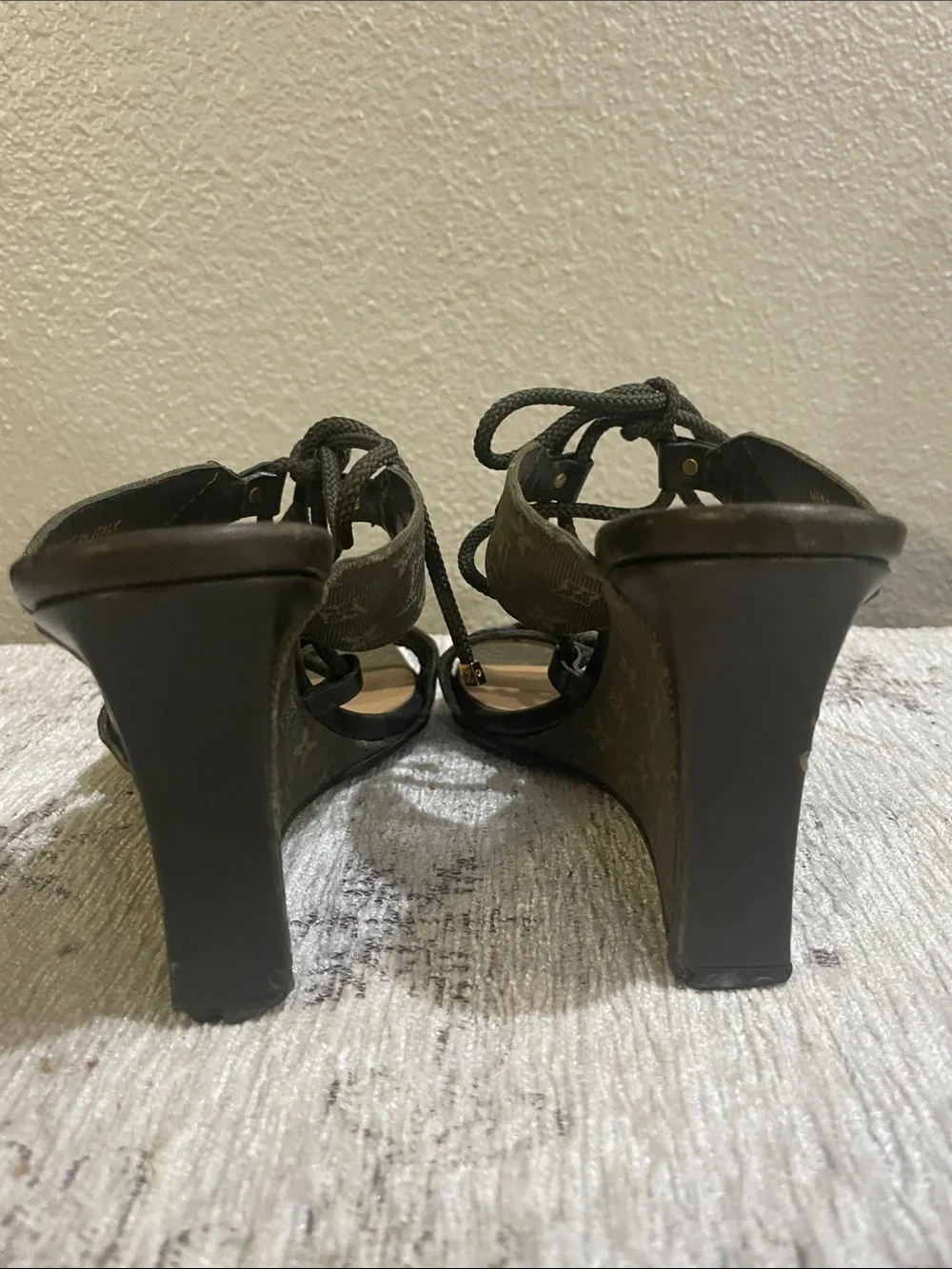 Louis Vuitton Olive Monogram Lace-Up Wedge Sandals with Gold Accents